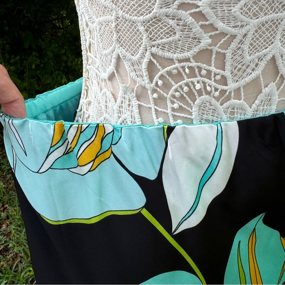 Russell‎ Scott 100% Silk Floral Knee Length Skirt Teal Black Mermaid Size 8 - Picture 7 of 9